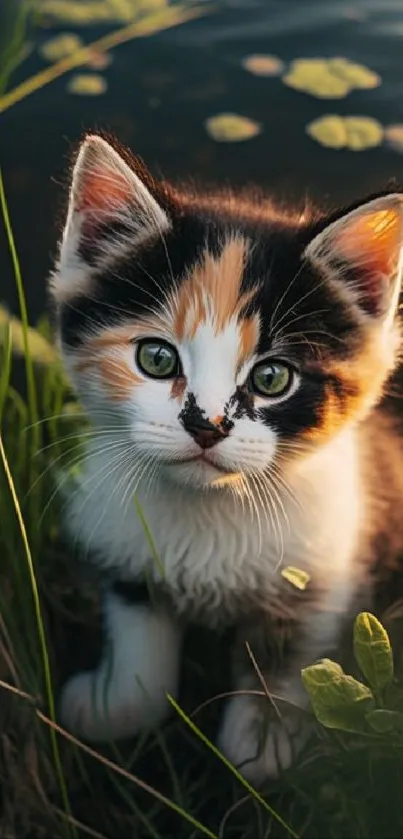 Adorable calico kitten sitting by a tranquil pond surrounded by lush greenery.