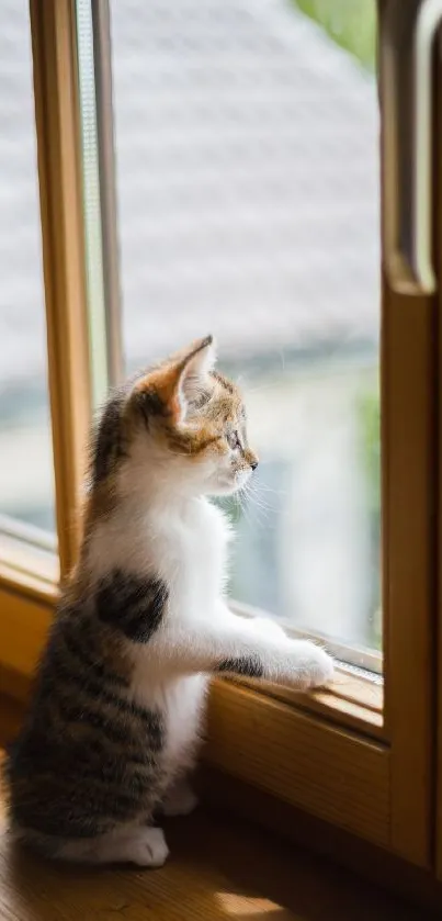 Cute kitten looking out a sunny wooden window.
