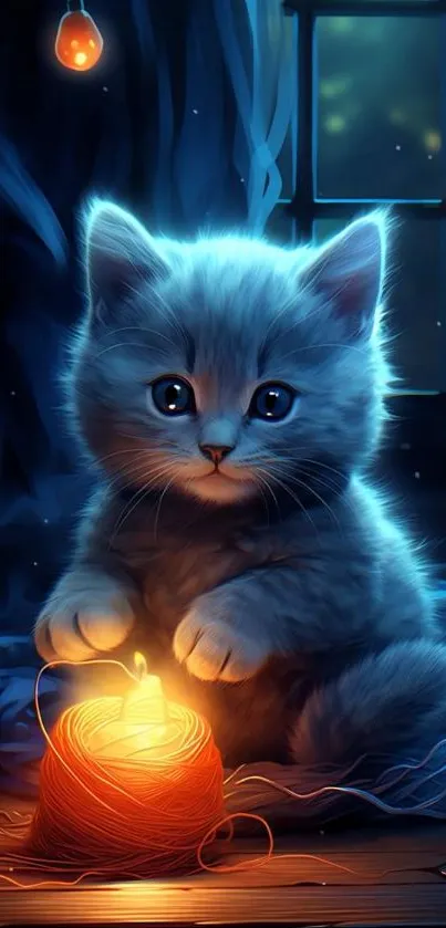 Cute kitten in candlelight with dark blue background, cozy night scene.
