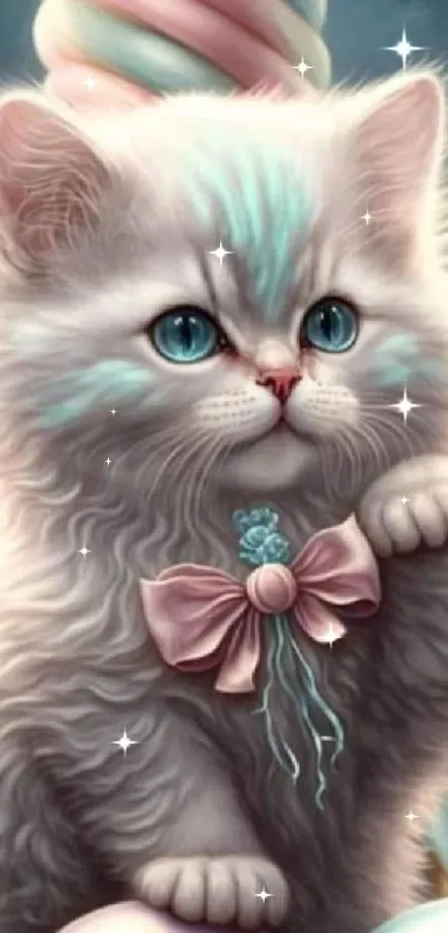 Fluffy kitten with a pink bow amid pastel candy decorations.