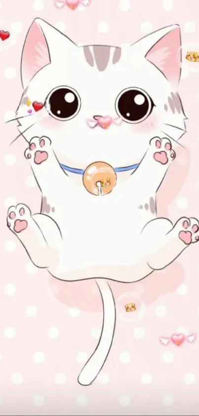 Cute cartoon kitten with pink hearts on a light pink background.