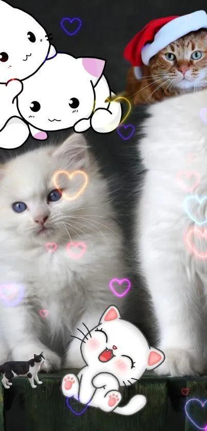 Adorable fluffy cats with cartoon elements and colorful hearts.