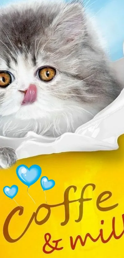 Cute kitten with milk splash and coffee theme on a yellow background.