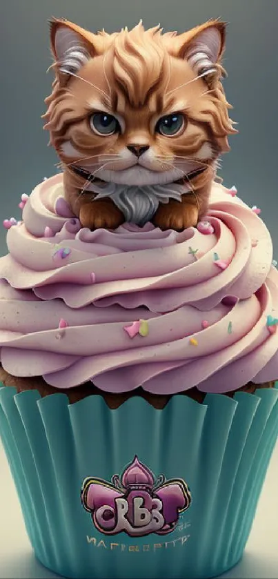 Cute kitten atop pastel cupcake with sprinkles wallpaper.