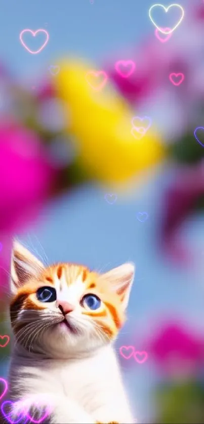 Cute kitten with hearts and blurred colorful background.