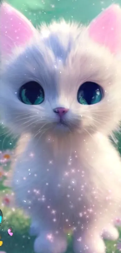 Fluffy white kitten in magical garden with sparkles and flowers.