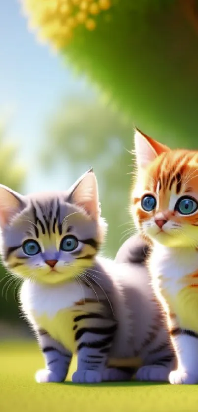 Adorable kittens in a sunlit garden wallpaper.