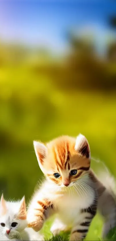 Adorable two kittens playing in a verdant natural setting with a green background.