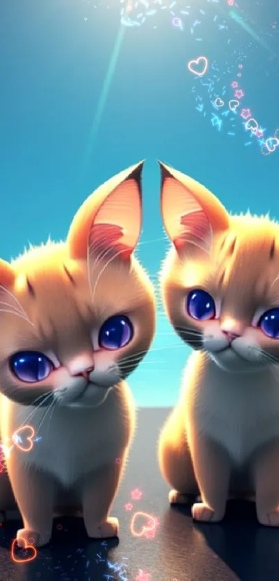 Two adorable kittens with blue eyes under a sunny sky.