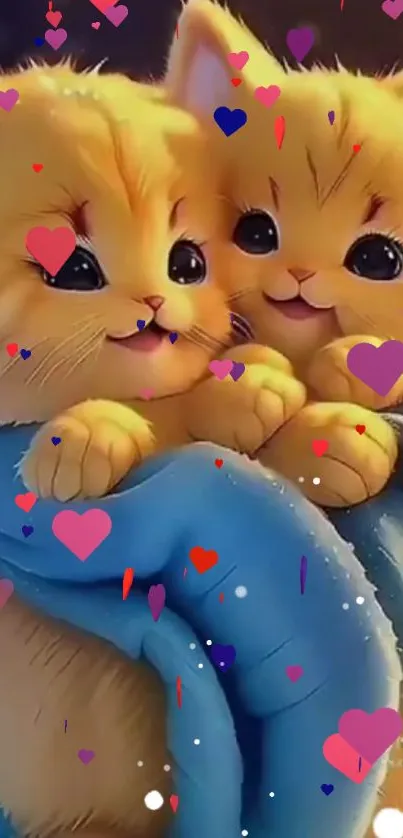 Two adorable kittens snuggled together with colorful hearts.