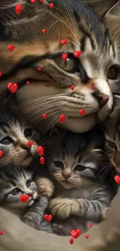 A mother cat with kittens surrounded by red hearts creates a warm family scene.