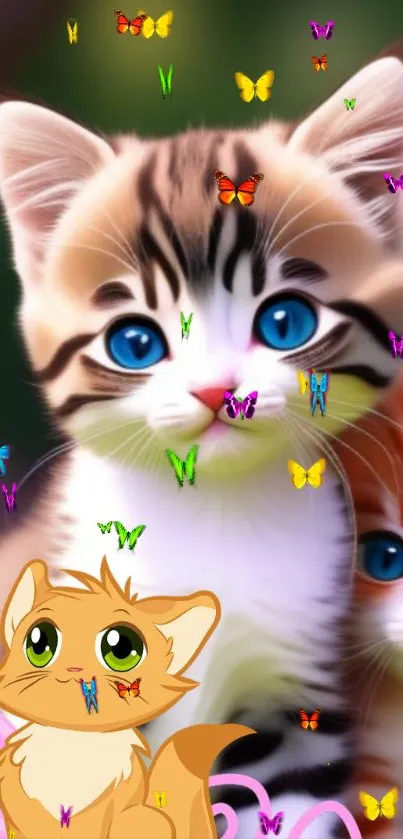 Charming fantasy kittens with blue eyes and butterflies in a colorful scene.