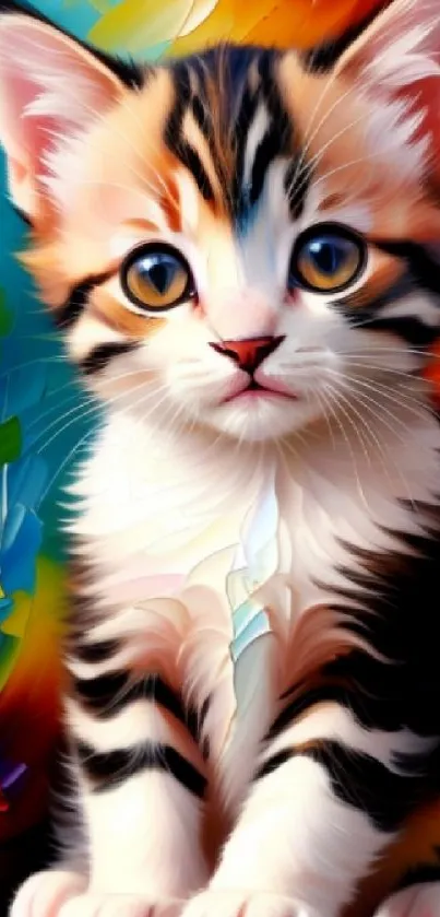 A vibrant fantasy art depicting a cute kitten with colorful, abstract background.