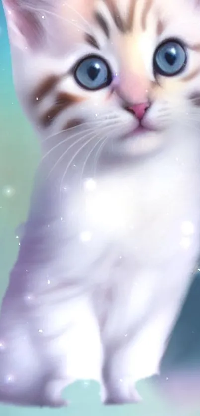 Cute kitten with blue eyes amid magical lights in a fantasy setting.