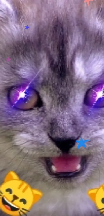 Whimsical fantasy wallpaper with cute kitten and purple eyes.