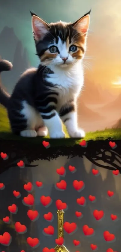 Adorable kitten on mystical landscape with hearts and fantasy elements.