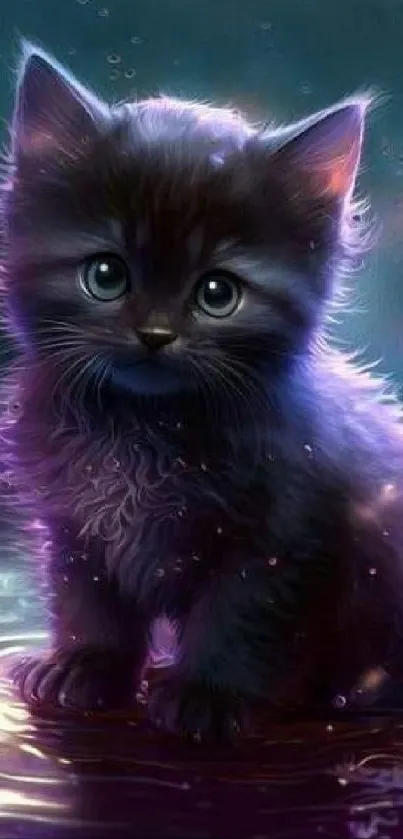 Cute kitten in a mystical purple setting, perfect for mobile wallpaper.