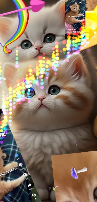 Cute kittens with magical fantasy elements in vibrant wallpaper.