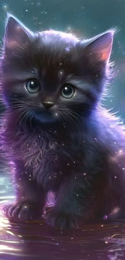 Fantasy kitten with purple glow in enchanted scene.