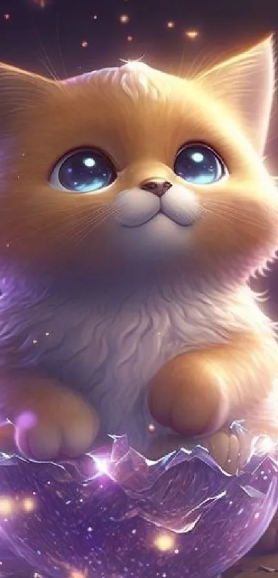 Adorable fantasy kitten with glowing bubbles in a magical setting.