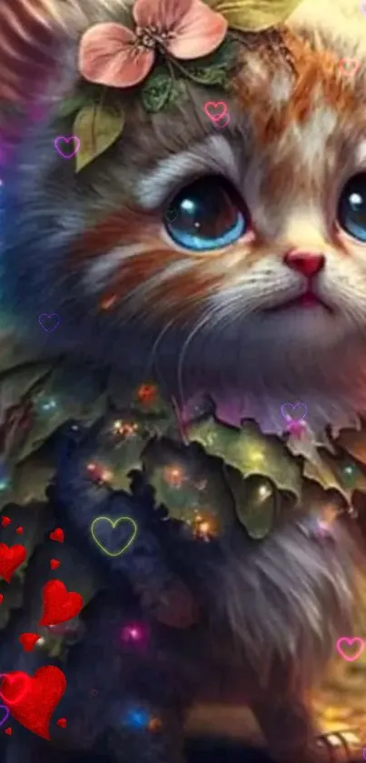 Adorable kitten with big eyes and a floral fantasy design