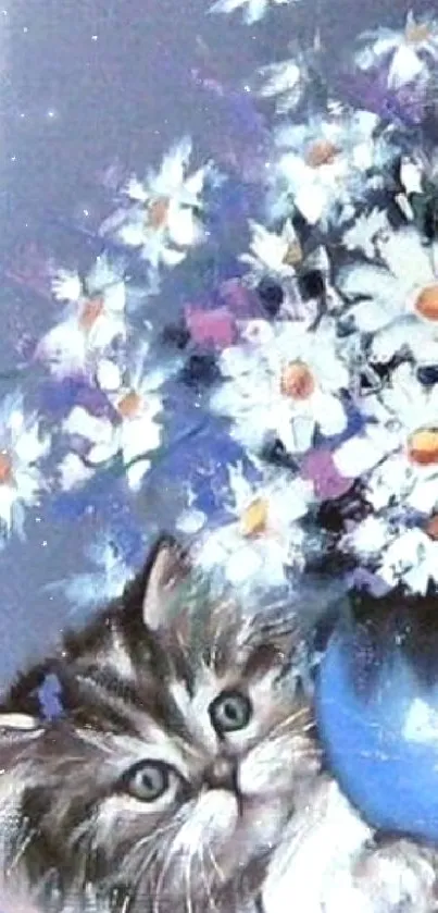 Kitten and daisies in blue vase with floral background art.