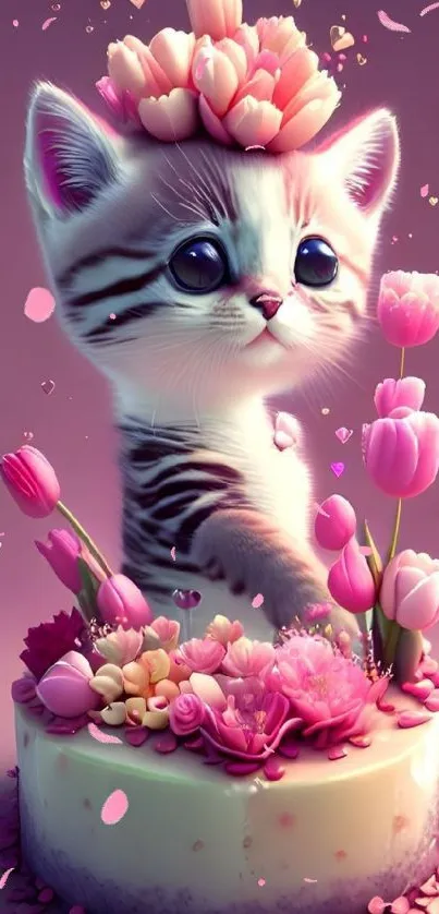 Cute kitten with pink floral cake and heart-shaped petals on wallpaper.