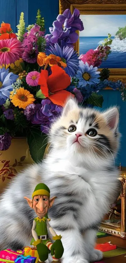 A cute kitten with colorful flowers and a small fantasy character.