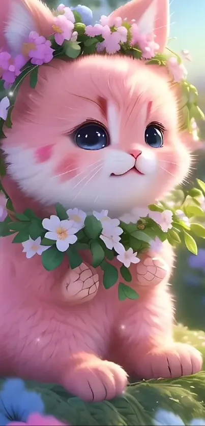 Cute kitten with floral crown in a pink and green garden setting.