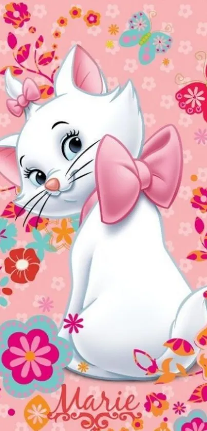 Cute white kitten with pink bow and floral design on wallpaper.