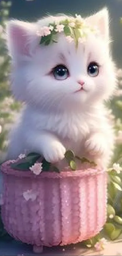 Adorable white kitten surrounded by soft pink flowers in a basket.