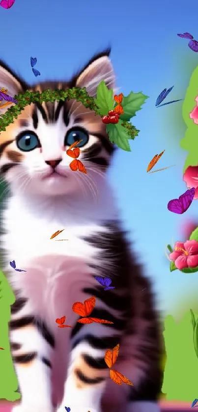 Adorable kitten with floral crown in a colorful mobile wallpaper.