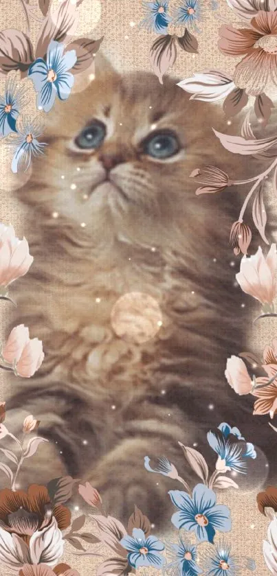 Cute kitten amidst vintage floral patterns on a beige background.