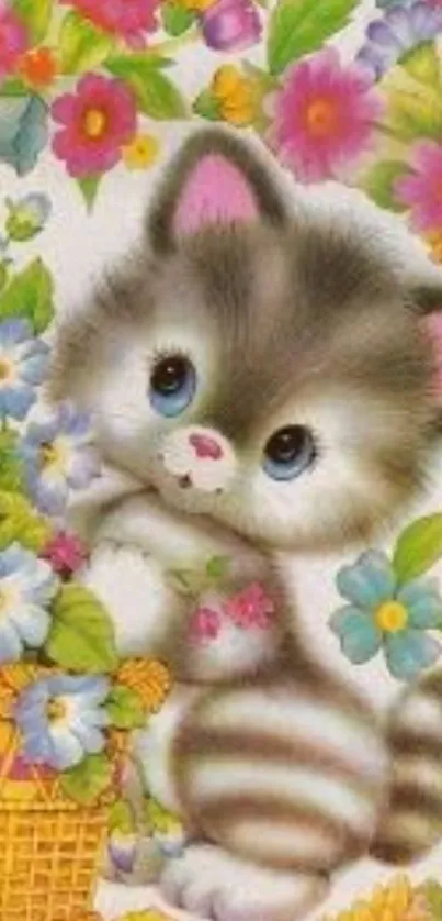 Cute kitten with flowers in vibrant colors wallpaper.