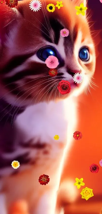 Adorable kitten with blue eyes surrounded by colorful flowers on an orange background.