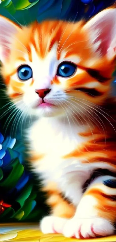 Cute orange kitten with vibrant floral background wallpaper.