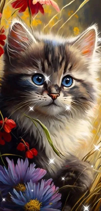 Fluffy kitten with blue eyes surrounded by wildflowers on a mobile wallpaper.