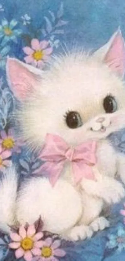 Cute kitten with pink bow and flowers on a blue background.