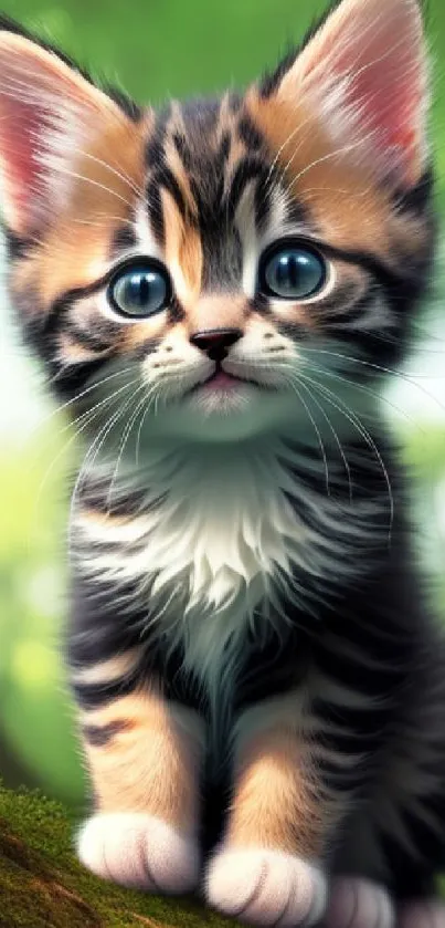 Cute kitten with big eyes in a lush green forest setting.