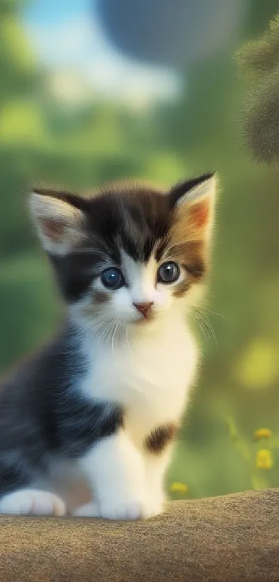 Charming kitten sitting in a lush forest background with vibrant greenery.