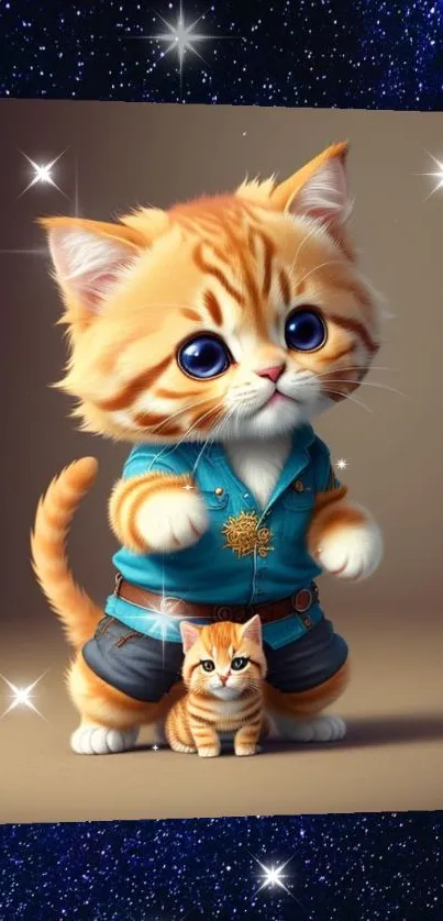 Cute kitten in blue outfit with galaxy background.