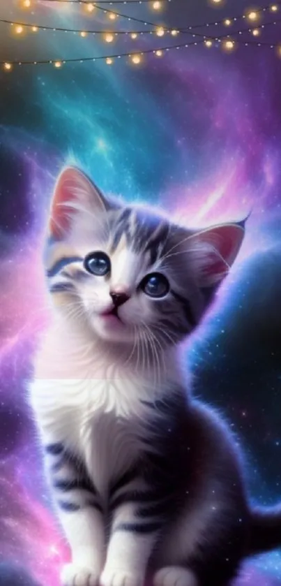 Cute kitten in a vibrant galaxy setting with colorful cosmic background.