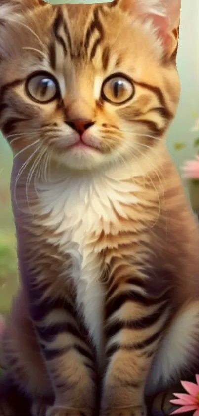 Cute kitten sitting in a flower garden with soft lighting.