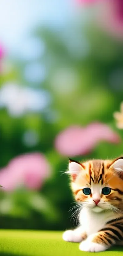 Cute kitten in a vibrant garden with colorful flowers and greenery.