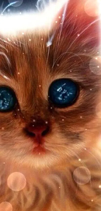 Portrait of a cute kitten with glowing fur and striking blue eyes.