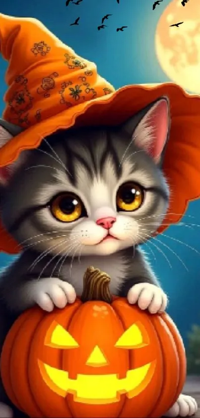 Halloween wallpaper with cute kitten and pumpkin.
