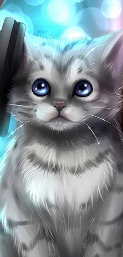 Cute kitten wearing headphones with a bokeh background.