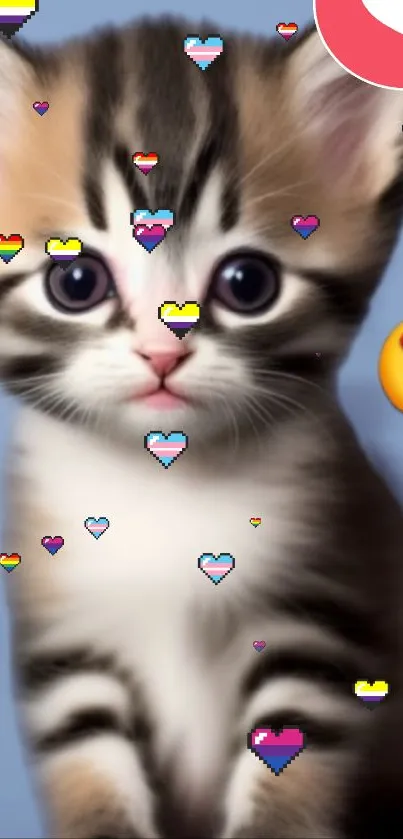 Cute kitten with hearts and emojis on a blue background mobile wallpaper.