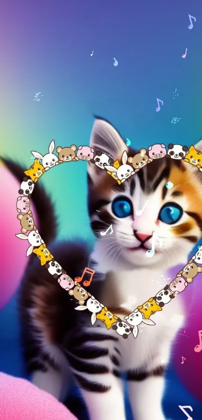 Cute kitten with heart frame and colorful background.