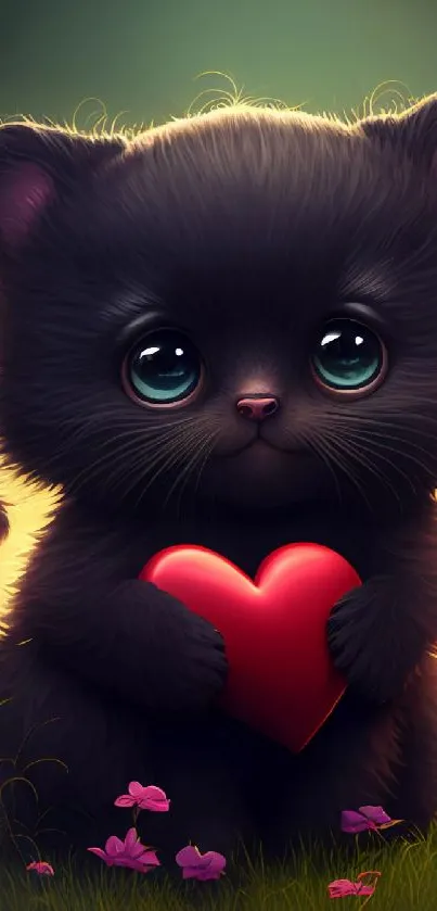 Cute black kitten holding a red heart.